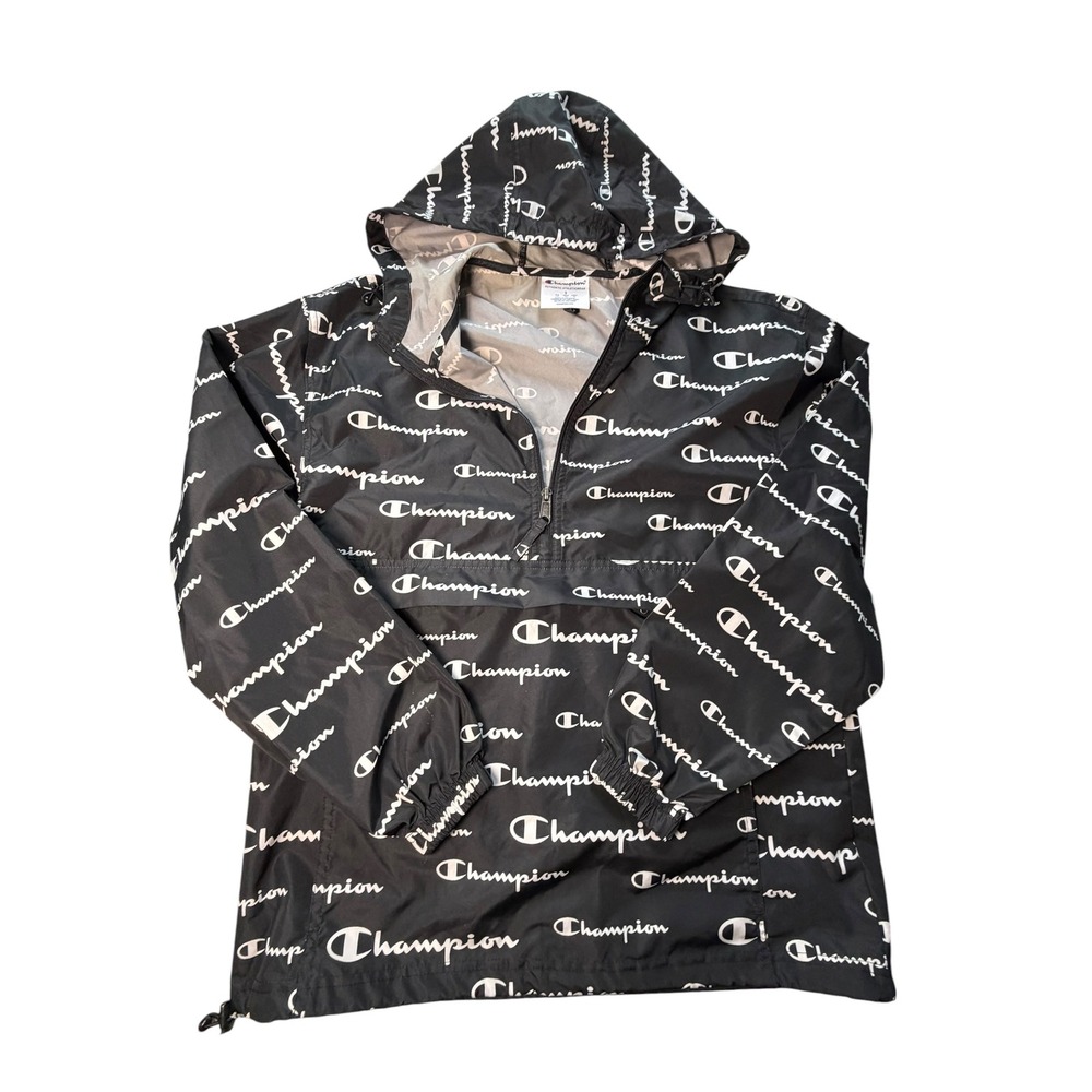 Champion Mens Black All Over Script Logo Packable Anorak Windbreaker Jacket S